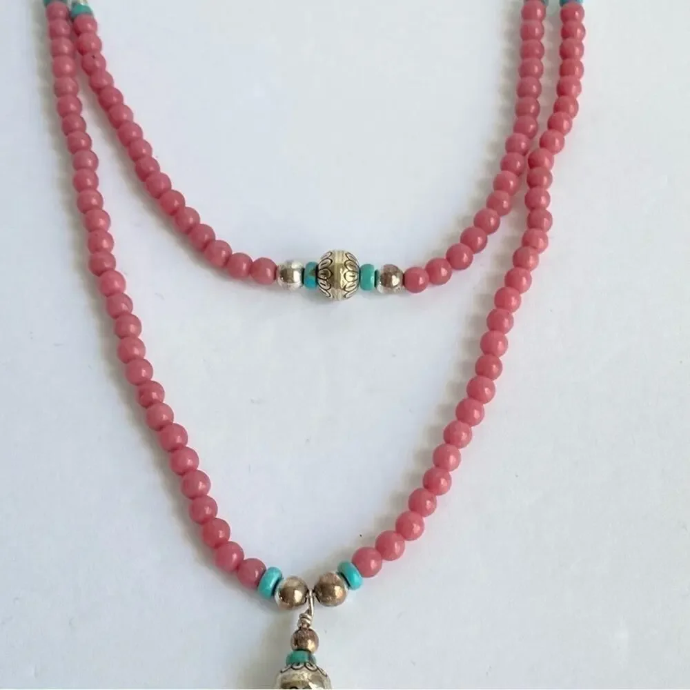 Carolyn Pollack‎ Pink Rhodonite Necklace Liquid Silver Turquoise Lariat QT Quoc